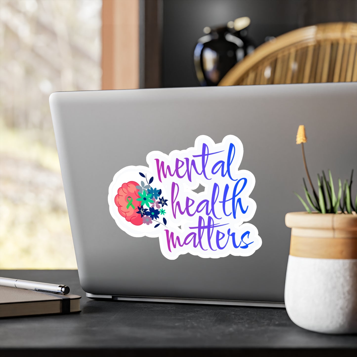 All-Weather Vinyl Decal: Mental Health Matters with Brain & Floral Design