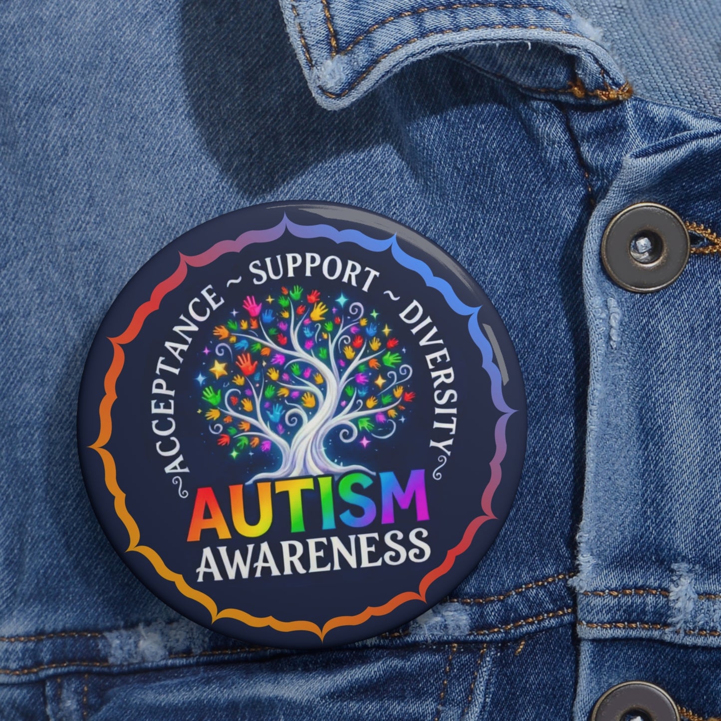 Pin Button: "Autism Awareness" Rainbow Tree Acceptance & Diversity Badge