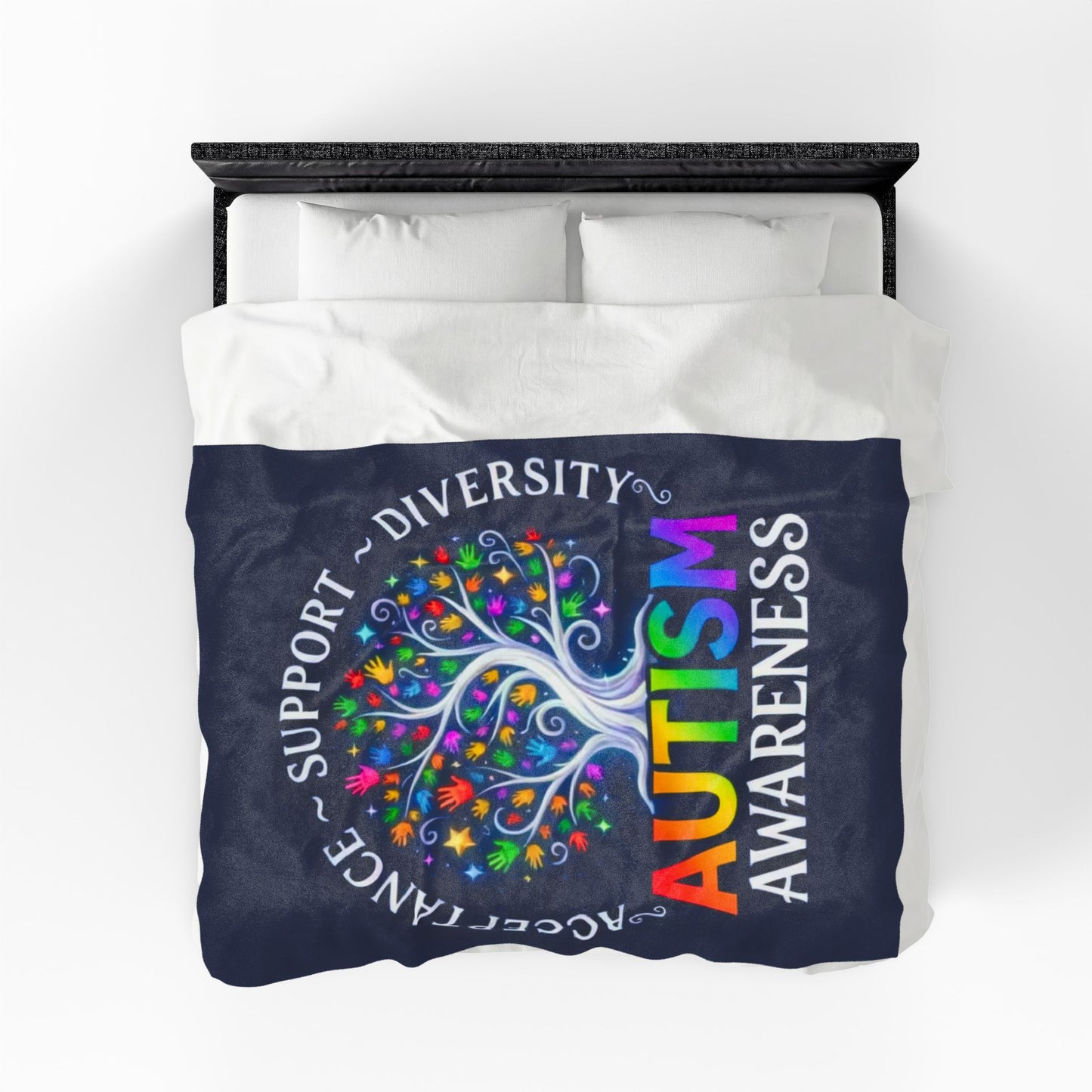 Autism Awareness Velveteen Plush Blanket "Acceptance • Support • Diversity" Rainbow Tree