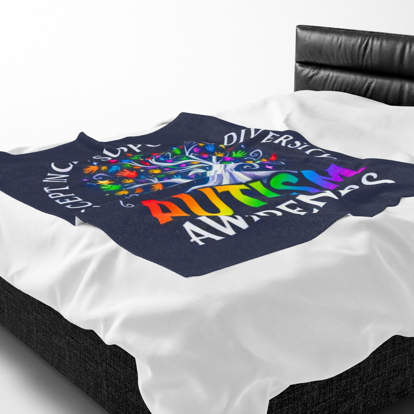 Autism Awareness Velveteen Plush Blanket "Acceptance • Support • Diversity" Rainbow Tree