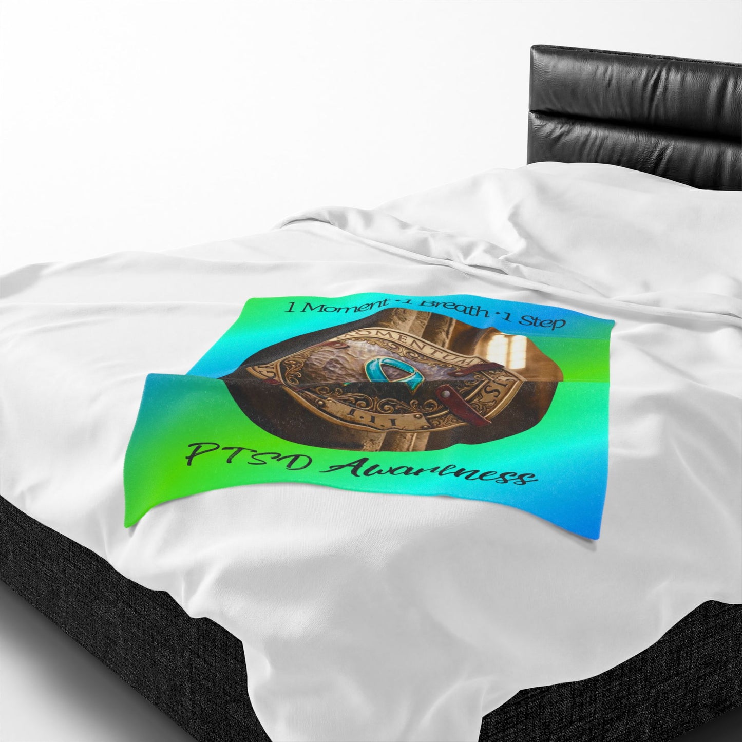 Velveteen Plush Blanket: "1 Moment • 1 Breath • 1 Step" PTSD Awareness Teal Ribbon Comfort Throw