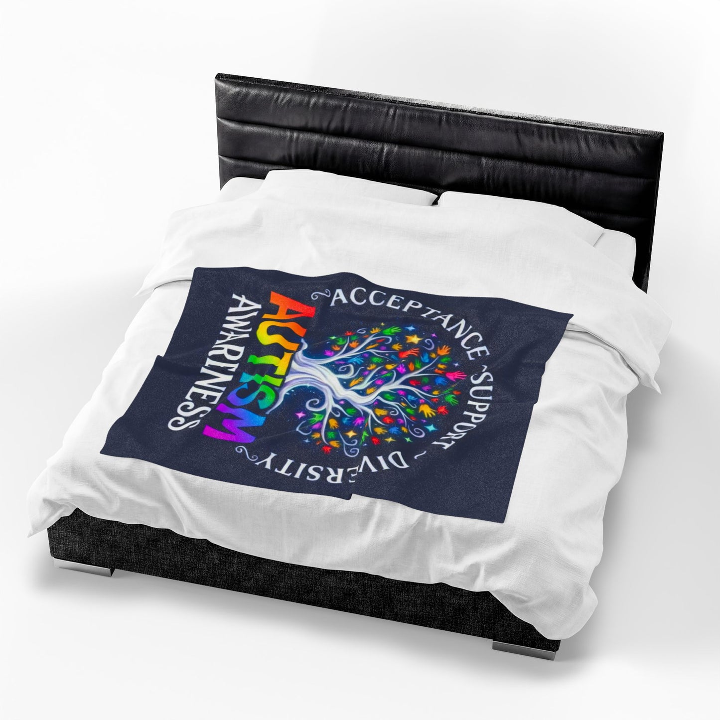 Autism Awareness Velveteen Plush Blanket "Acceptance • Support • Diversity" Rainbow Tree