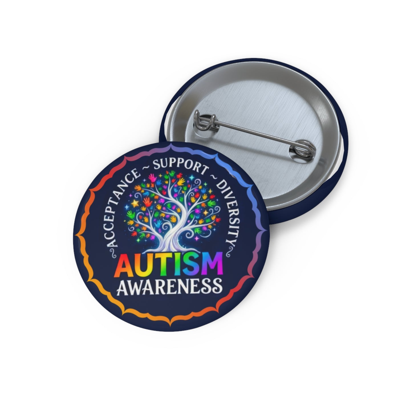 Pin Button: "Autism Awareness"  Rainbow Tree Acceptance & Diversity Badge
