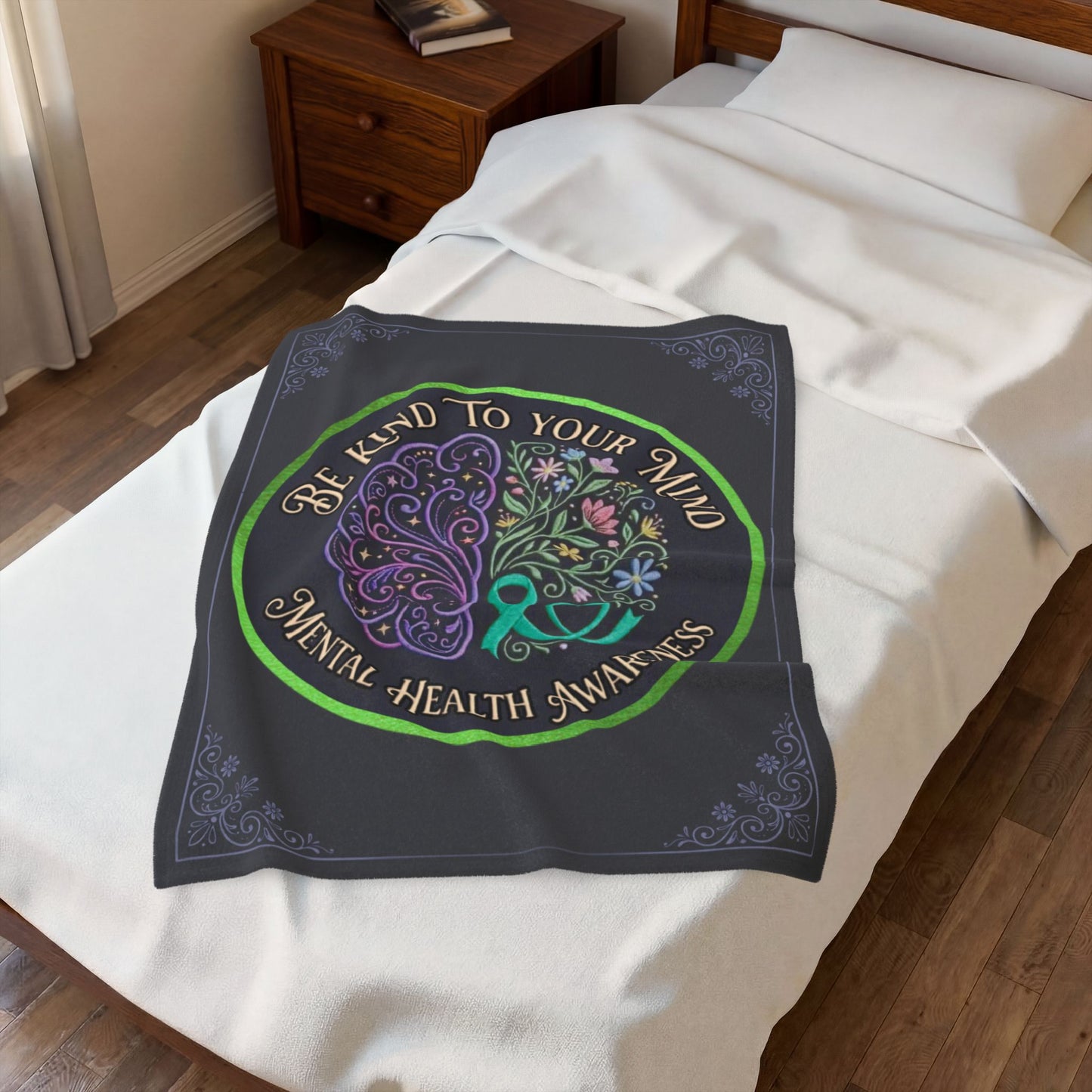 Mental Health Awareness Velveteen Blanket:"Be Kind to Your Mind" Plush Throw