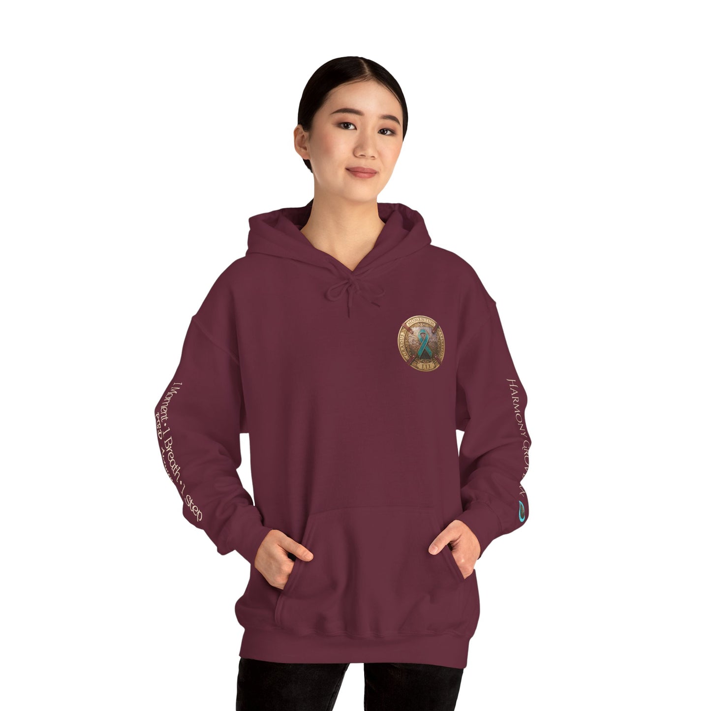 Pullover  Hoodie: "1 Momentum (Moment), 1 Spiritus (Breath), 1 Gradus (Step)" PTSD Awareness Teal Support Ribbon