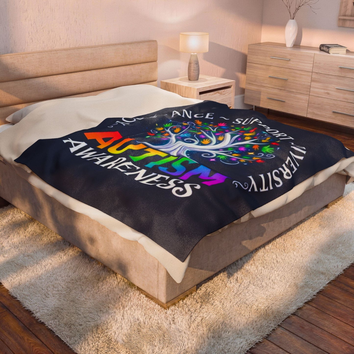 Autism Awareness Velveteen Plush Blanket "Acceptance • Support • Diversity" Rainbow Tree
