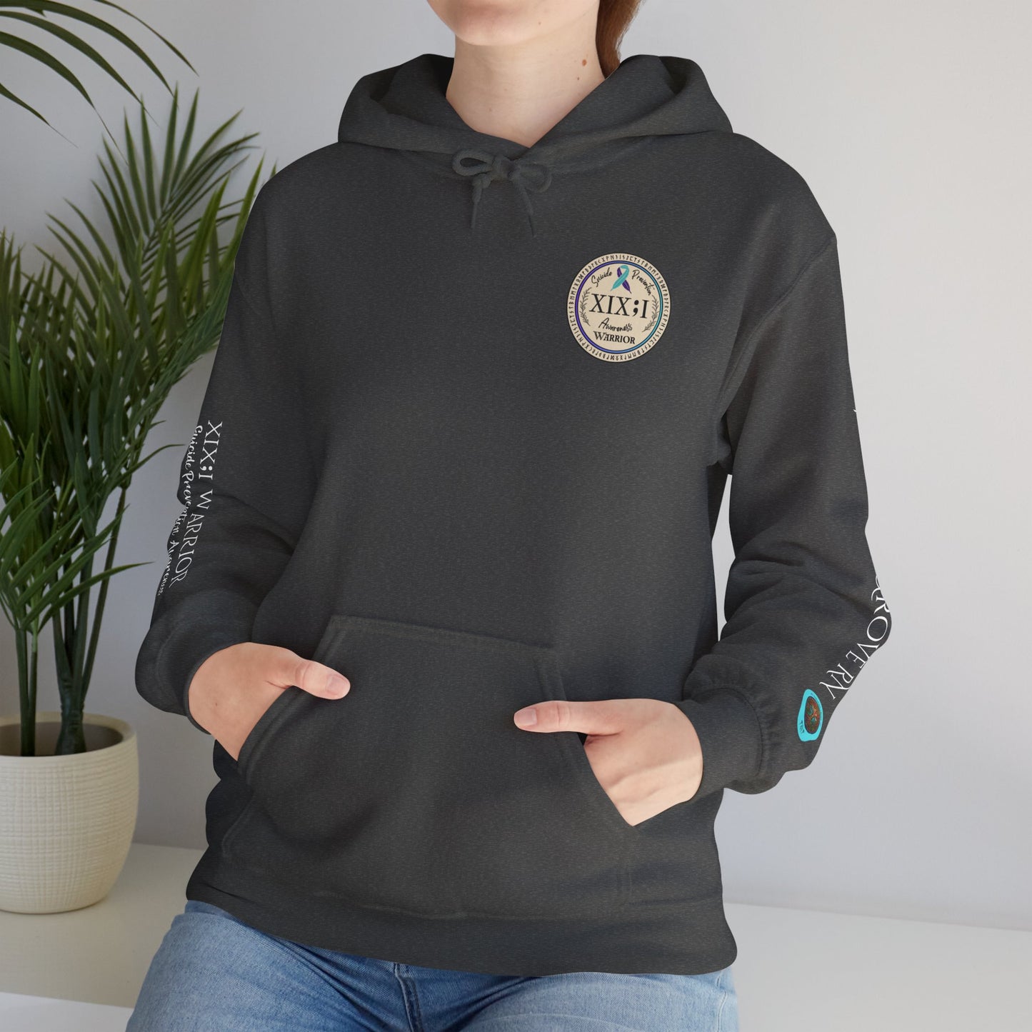 Pullover Hoodie: Suicide Awareness Warrior (XIX;I) Teal & Purple Support Ribbon