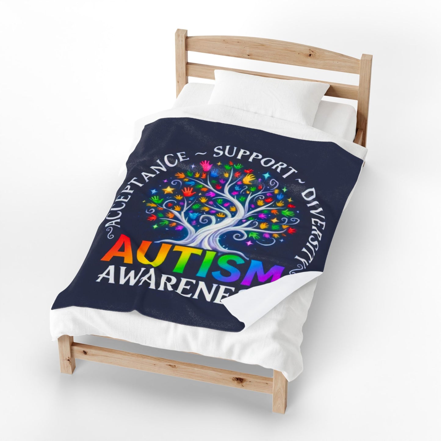 Autism Awareness Velveteen Plush Blanket "Acceptance • Support • Diversity" Rainbow Tree