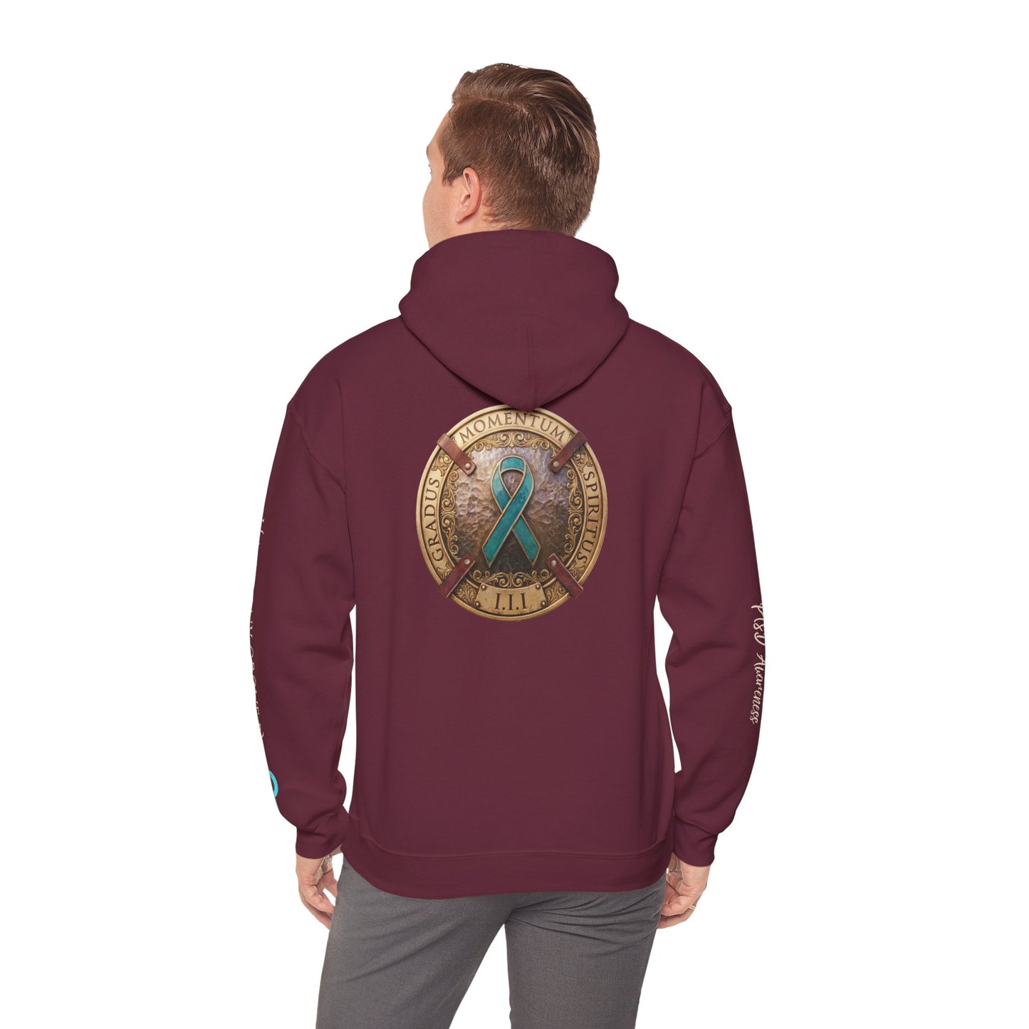 Pullover  Hoodie: "1 Momentum (Moment), 1 Spiritus (Breath), 1 Gradus (Step)" PTSD Awareness Teal Support Ribbon