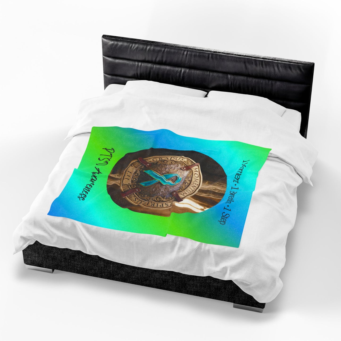 Velveteen Plush Blanket: "1 Moment • 1 Breath • 1 Step" PTSD Awareness Teal Ribbon Comfort Throw