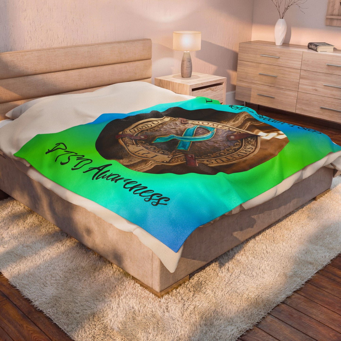 Velveteen Plush Blanket: "1 Moment • 1 Breath • 1 Step" PTSD Awareness Teal Ribbon Comfort Throw