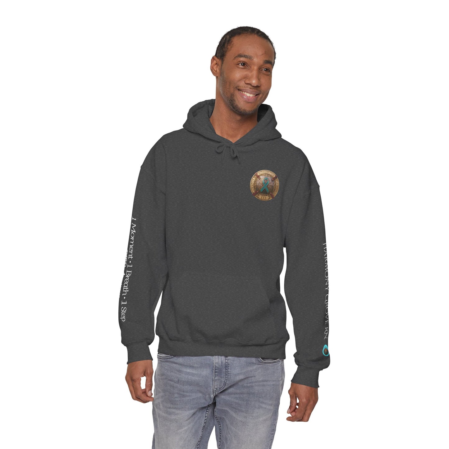 Pullover  Hoodie: "1 Momentum (Moment), 1 Spiritus (Breath), 1 Gradus (Step)" PTSD Awareness Teal Support Ribbon