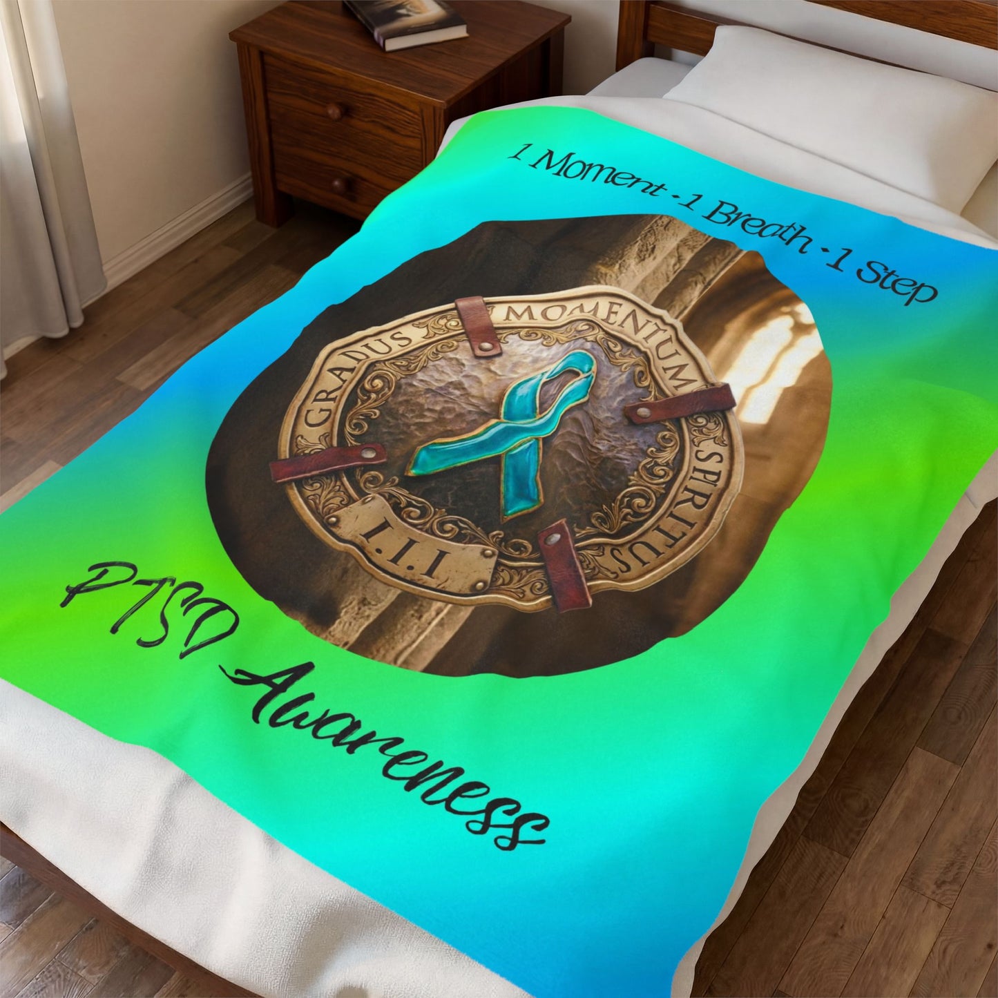 Velveteen Plush Blanket: "1 Moment • 1 Breath • 1 Step" PTSD Awareness Teal Ribbon Comfort Throw