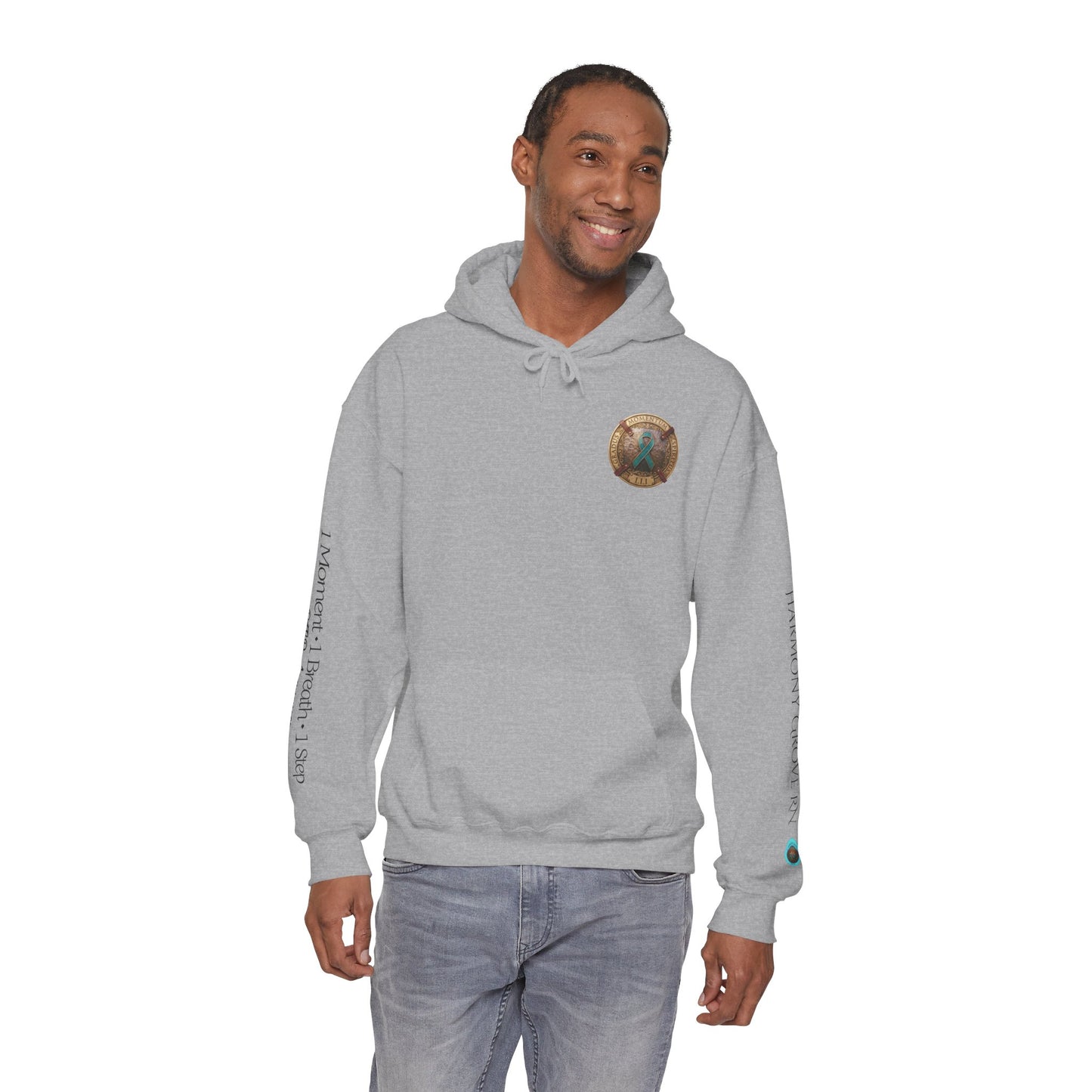 Pullover  Hoodie: "1 Momentum (Moment), 1 Spiritus (Breath), 1 Gradus (Step)" PTSD Awareness Teal Support Ribbon