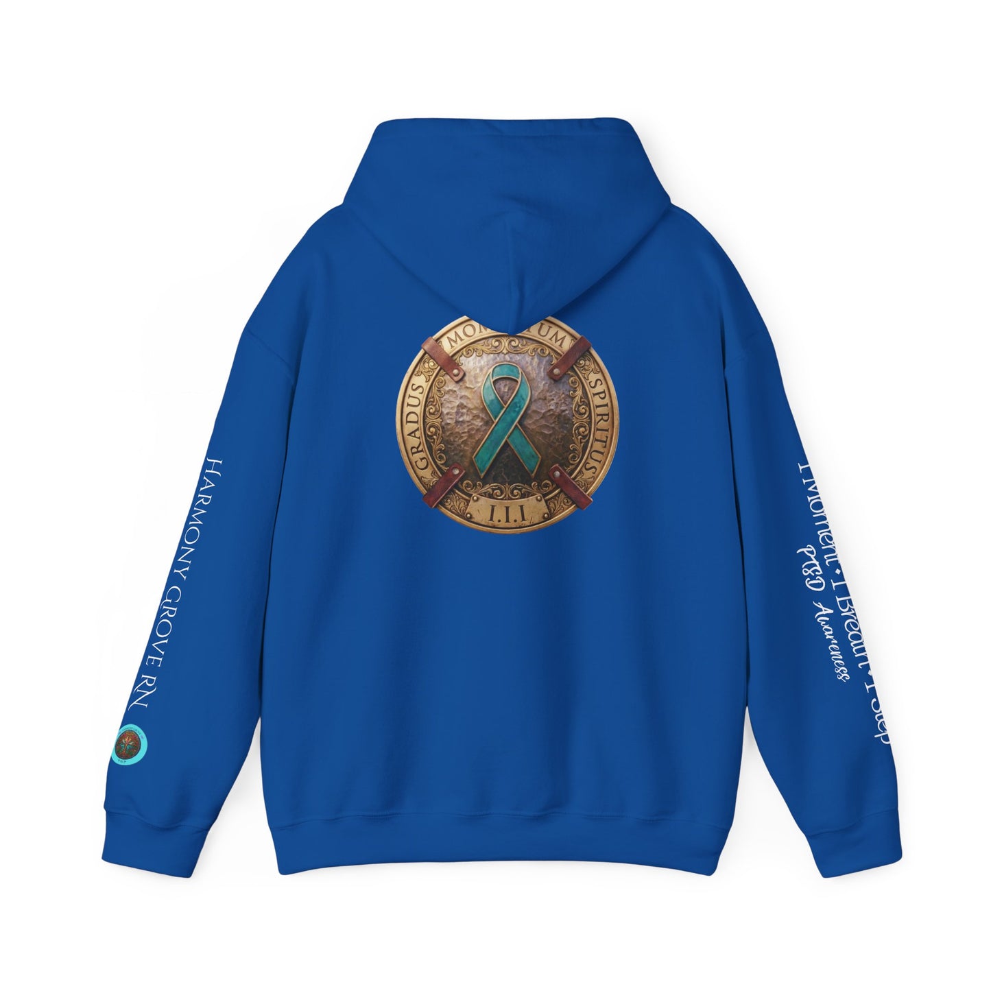Pullover  Hoodie: "1 Momentum (Moment), 1 Spiritus (Breath), 1 Gradus (Step)" PTSD Awareness Teal Support Ribbon