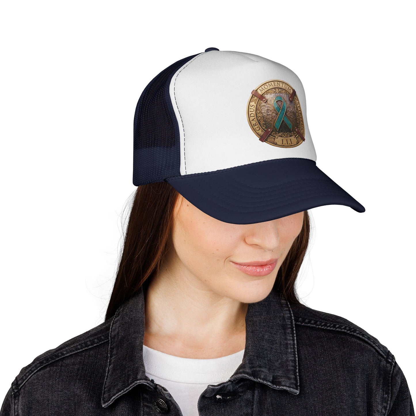 Trucker Hat: "1 Moment • 1 Breath • 1 Step" PTSD Awareness Teal Support Ribbon