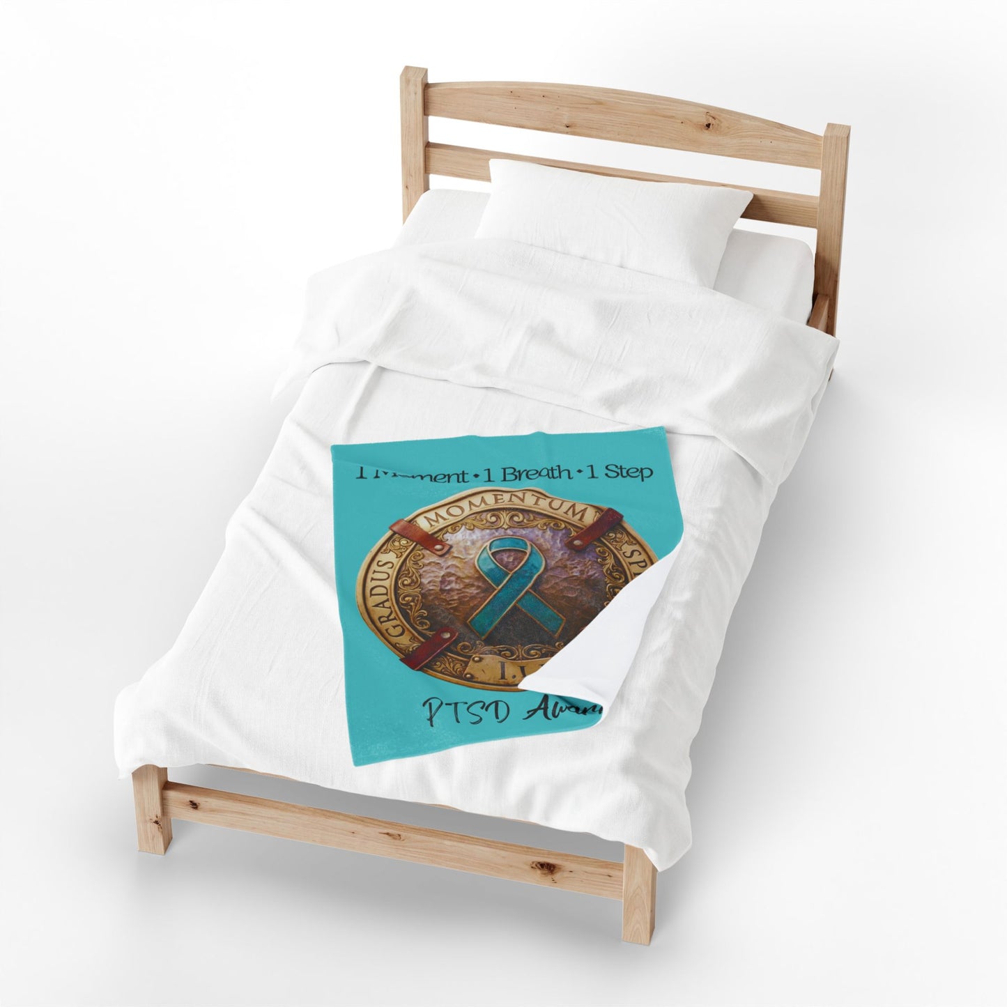 Velveteen Plush Blanket: "1 Moment • 1 Breath • 1 Step" PTSD Awareness Teal Ribbon Comfort Throw