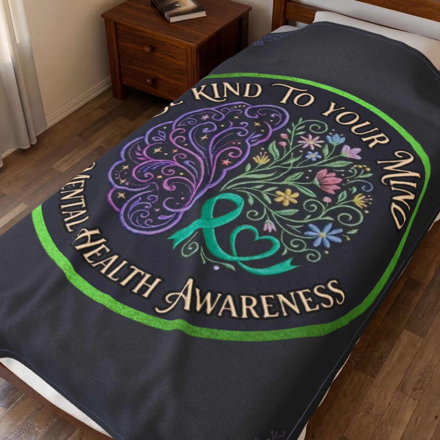 Mental Health Awareness Velveteen Blanket:"Be Kind to Your Mind" Plush Throw