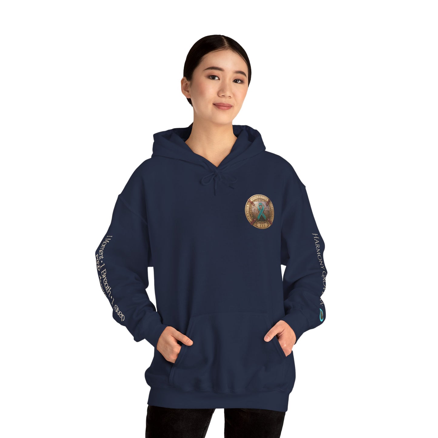 Pullover  Hoodie: "1 Momentum (Moment), 1 Spiritus (Breath), 1 Gradus (Step)" PTSD Awareness Teal Support Ribbon