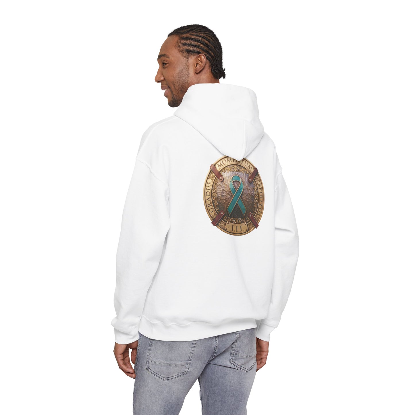 Pullover  Hoodie: "1 Momentum (Moment), 1 Spiritus (Breath), 1 Gradus (Step)" PTSD Awareness Teal Support Ribbon
