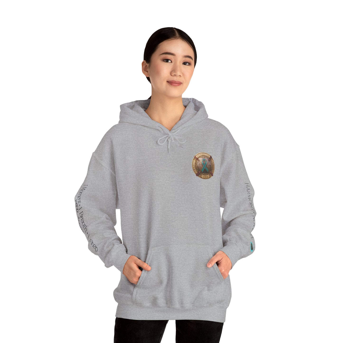 Pullover  Hoodie: "1 Momentum (Moment), 1 Spiritus (Breath), 1 Gradus (Step)" PTSD Awareness Teal Support Ribbon