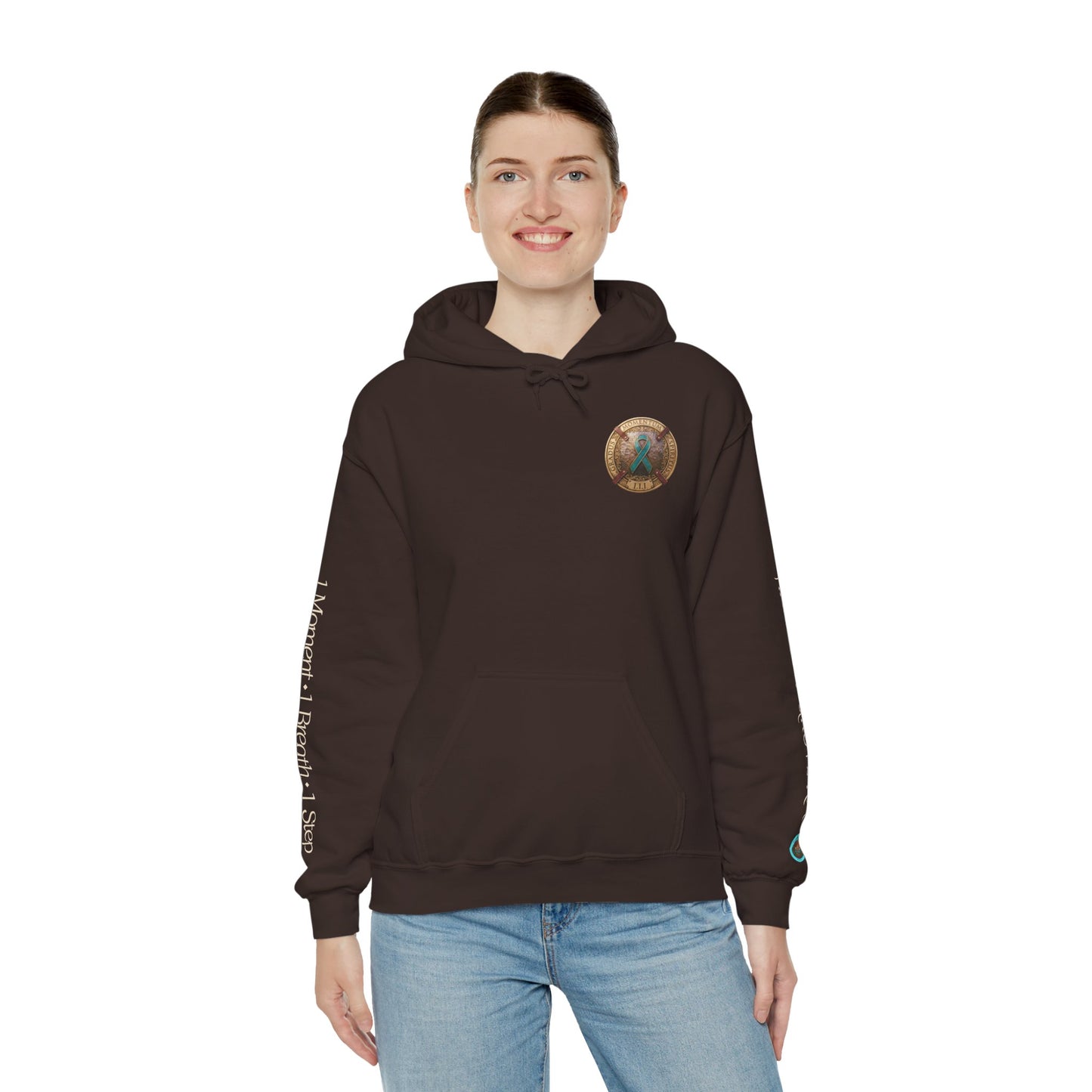Pullover  Hoodie: "1 Momentum (Moment), 1 Spiritus (Breath), 1 Gradus (Step)" PTSD Awareness Teal Support Ribbon