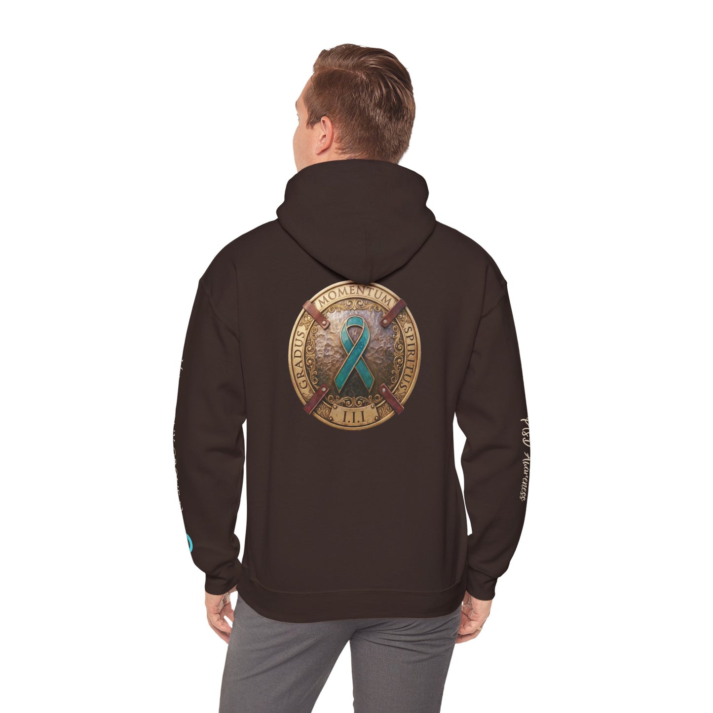 Pullover  Hoodie: "1 Momentum (Moment), 1 Spiritus (Breath), 1 Gradus (Step)" PTSD Awareness Teal Support Ribbon