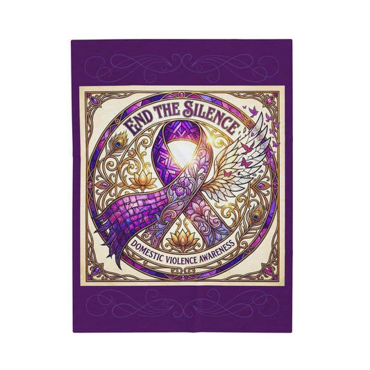 Domestic Violence Awareness Velveteen Plush Blanket:"End the Silence" Purple Ribbon Throw