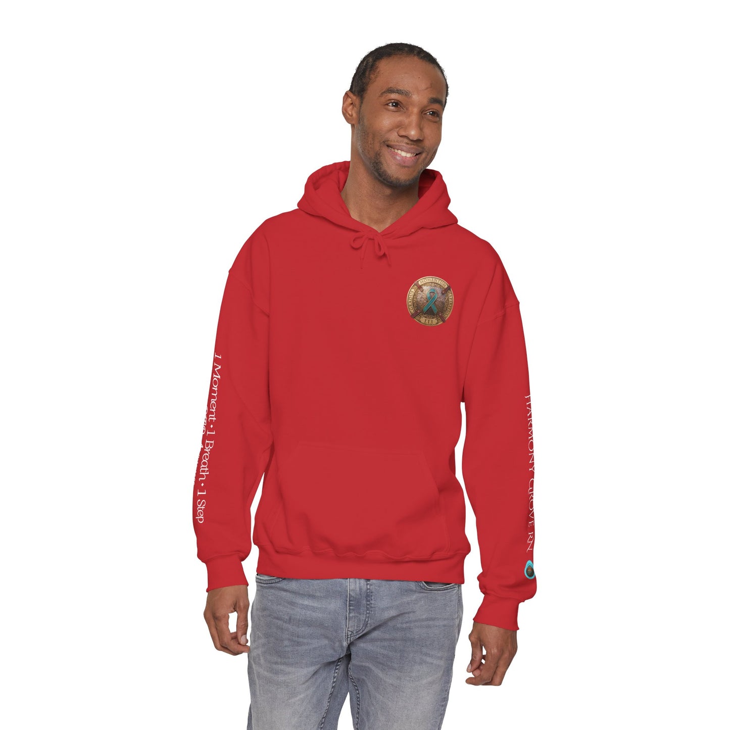 Pullover  Hoodie: "1 Momentum (Moment), 1 Spiritus (Breath), 1 Gradus (Step)" PTSD Awareness Teal Support Ribbon