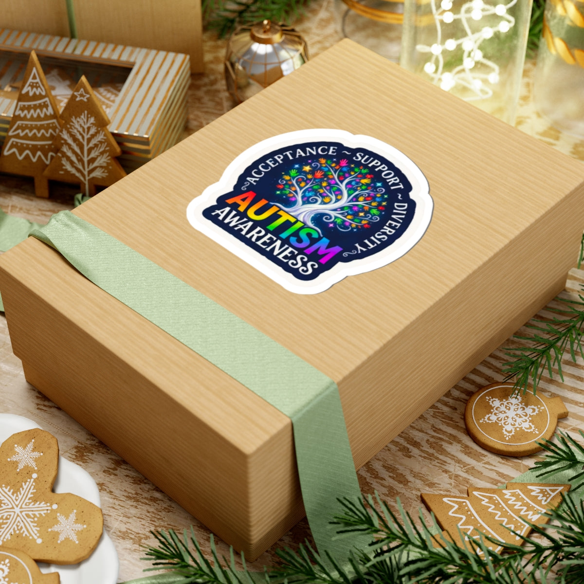 Kiss-Cut Sticker: "Acceptance • Support • Diversity" Autism Awareness Rainbow Tree