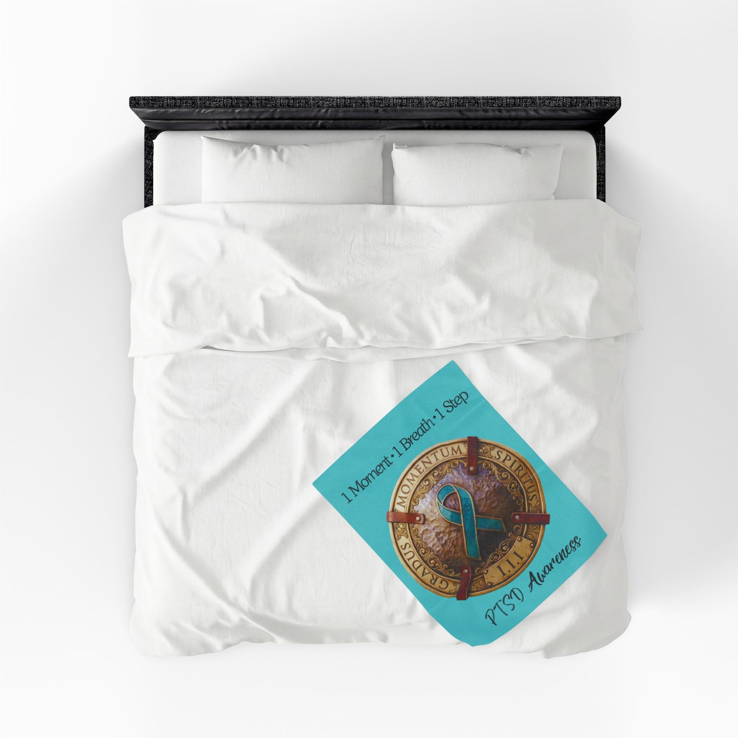 Velveteen Plush Blanket: "1 Moment • 1 Breath • 1 Step" PTSD Awareness Teal Ribbon Comfort Throw