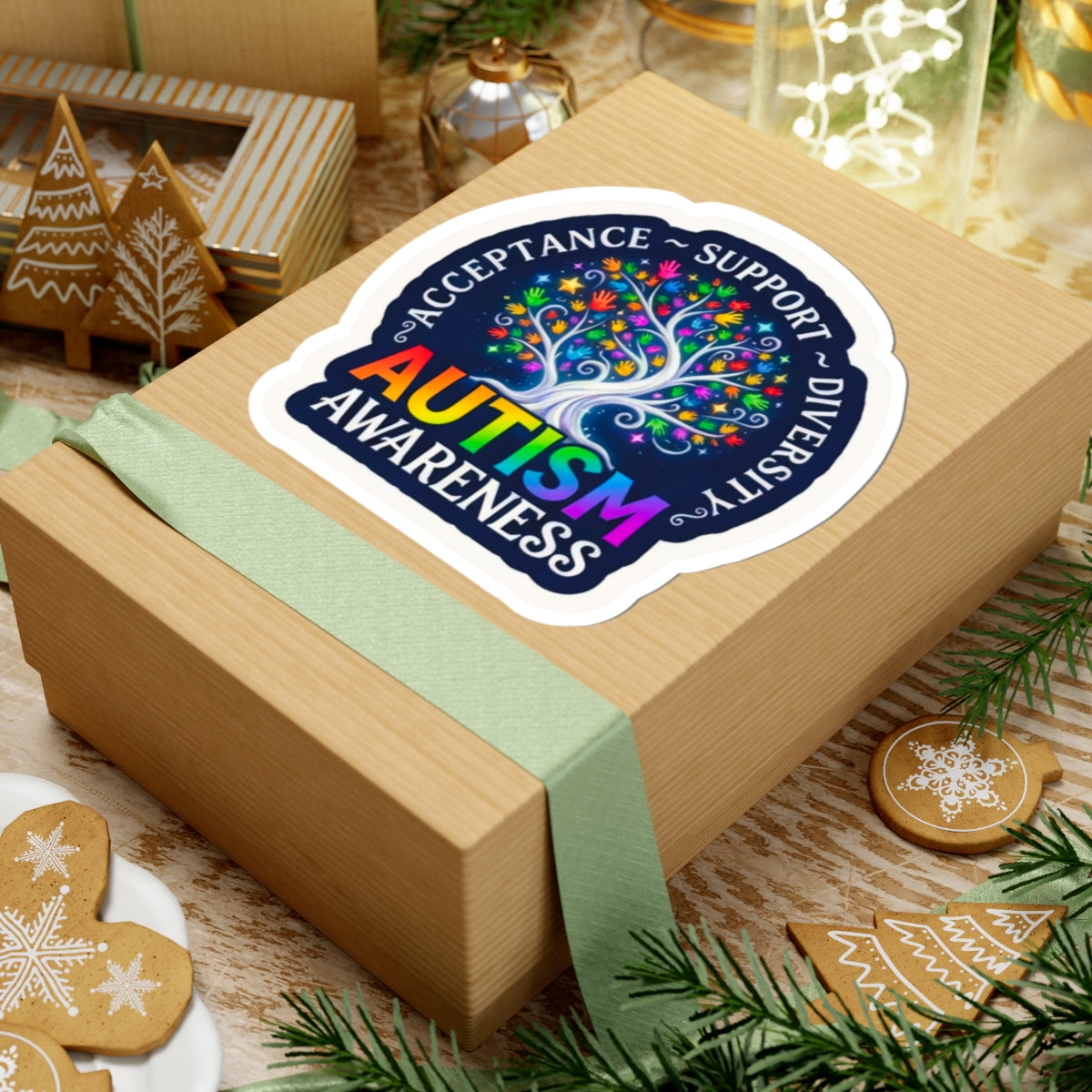 Kiss-Cut Sticker: "Acceptance • Support • Diversity" Autism Awareness Rainbow Tree
