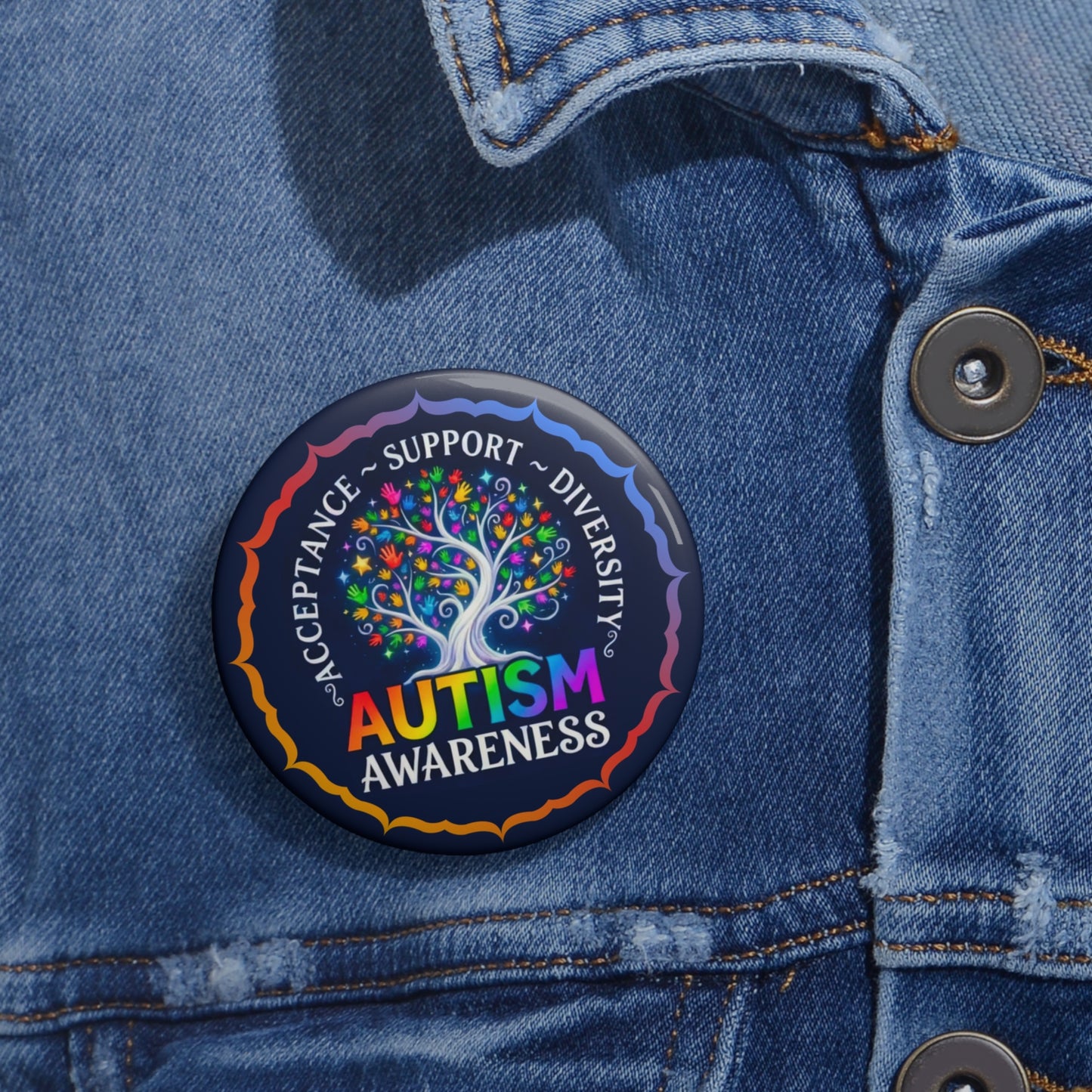 Pin Button: "Autism Awareness"  Rainbow Tree Acceptance & Diversity Badge