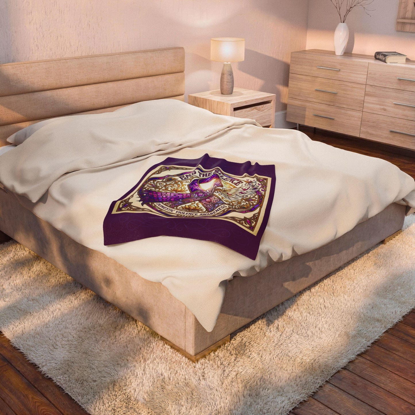 Domestic Violence Awareness Velveteen Plush Blanket:"End the Silence" Purple Ribbon Throw