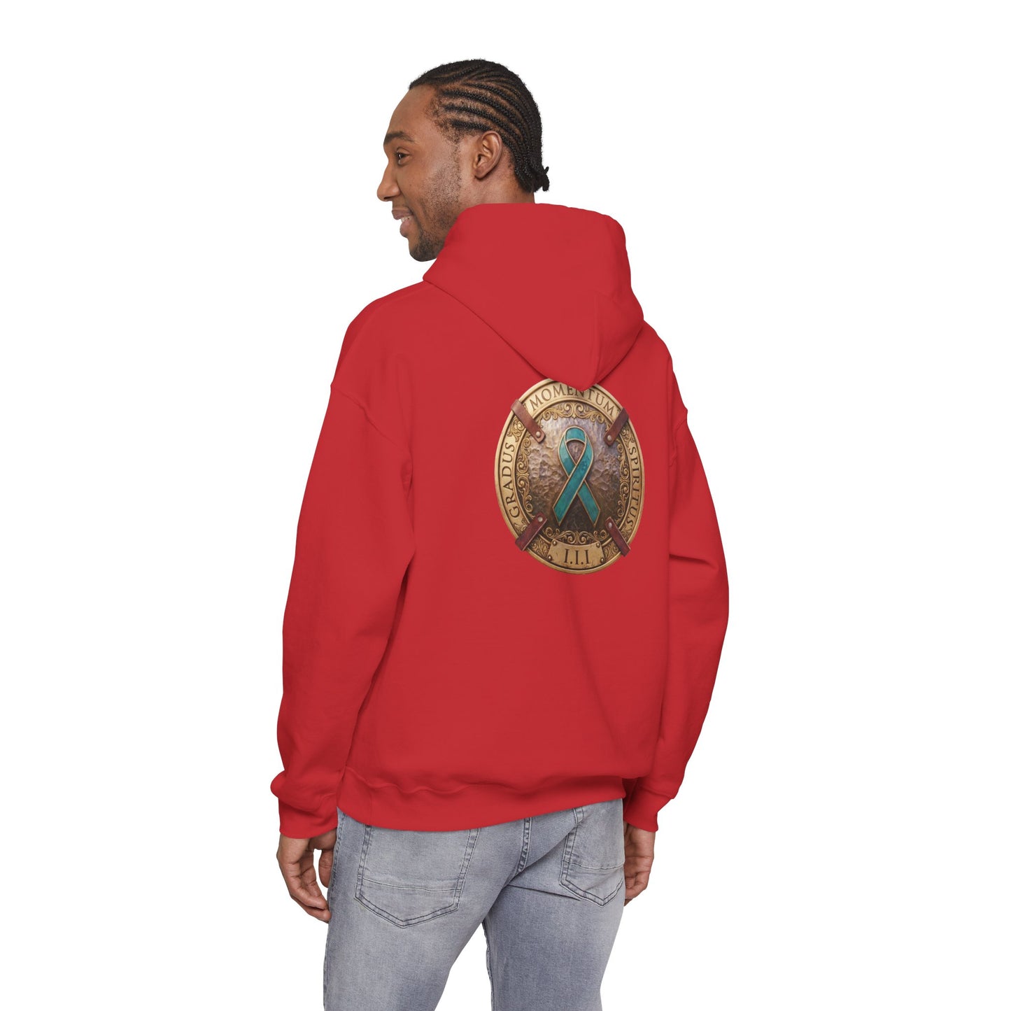 Pullover  Hoodie: "1 Momentum (Moment), 1 Spiritus (Breath), 1 Gradus (Step)" PTSD Awareness Teal Support Ribbon