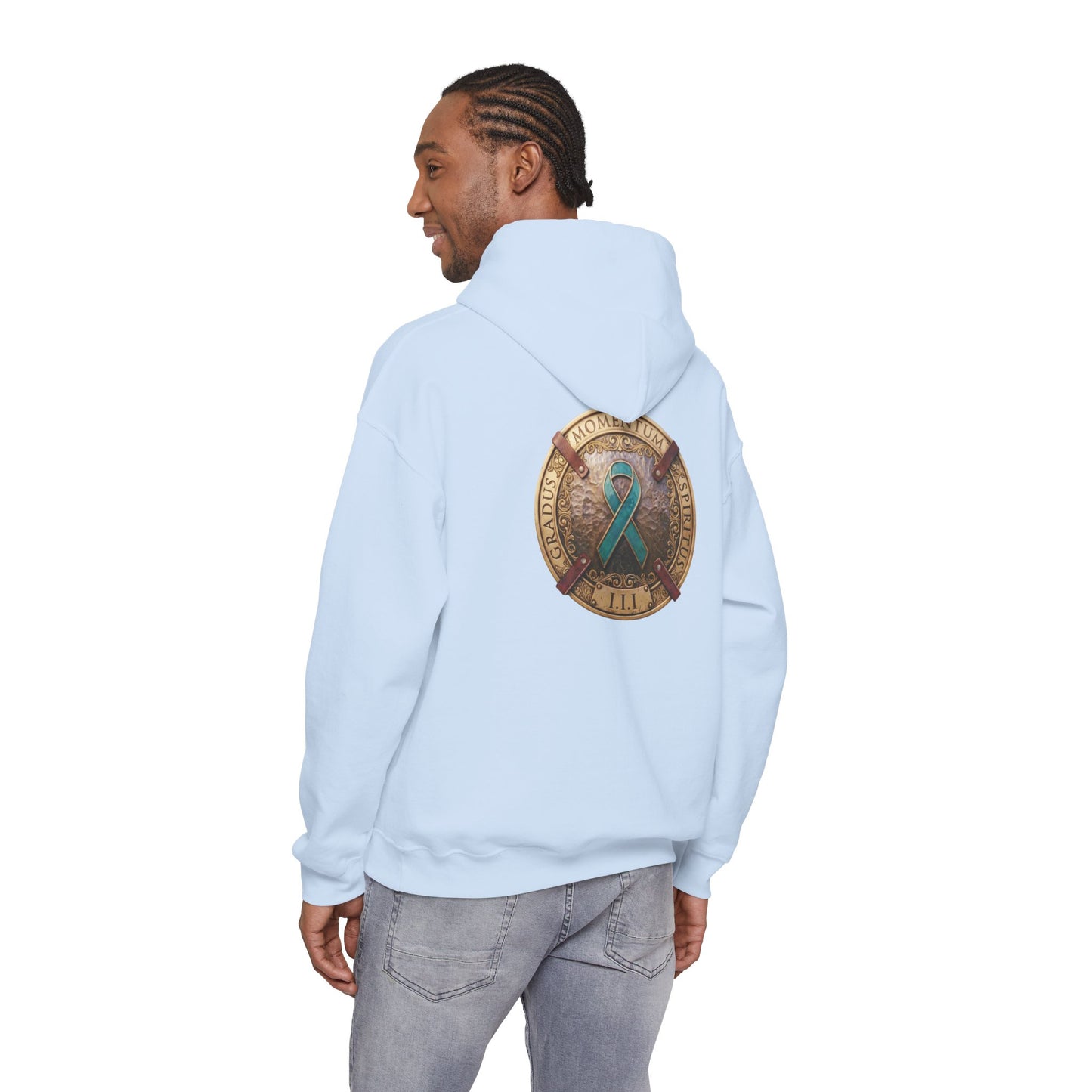 Pullover  Hoodie: "1 Momentum (Moment), 1 Spiritus (Breath), 1 Gradus (Step)" PTSD Awareness Teal Support Ribbon