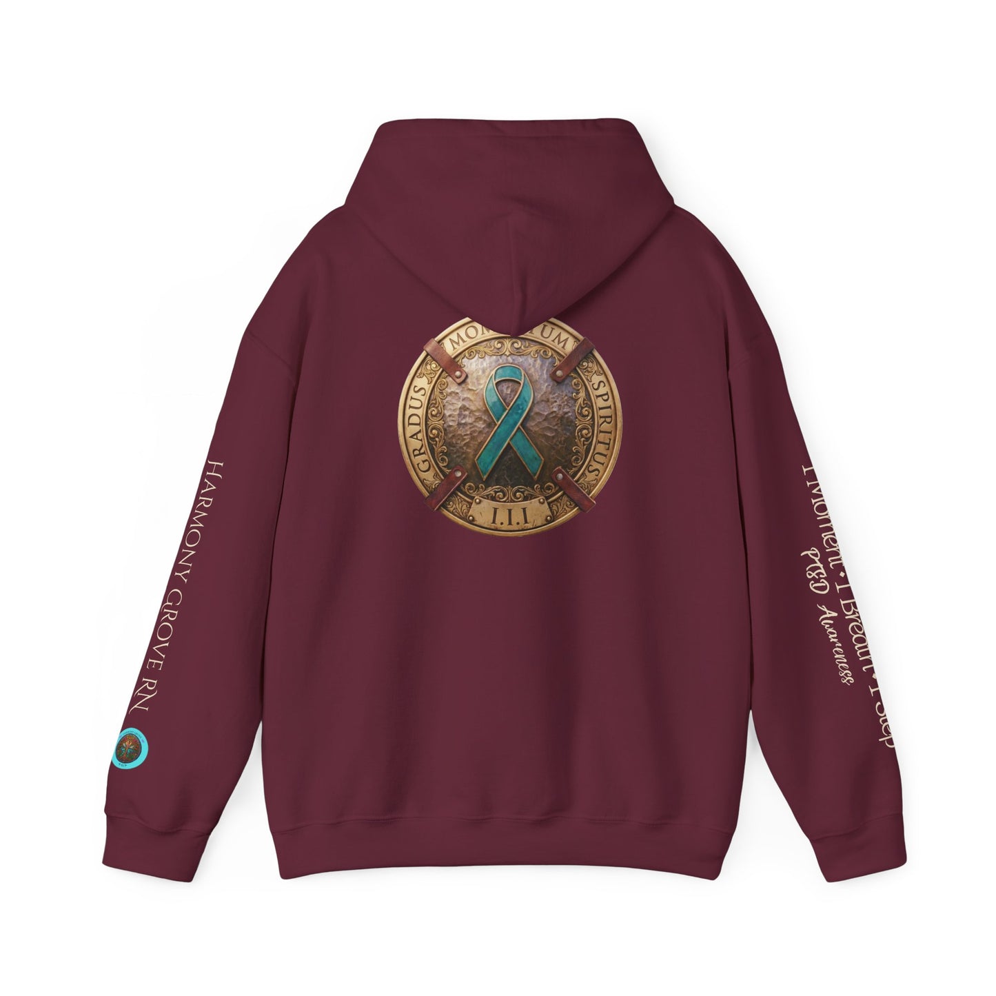 Pullover  Hoodie: "1 Momentum (Moment), 1 Spiritus (Breath), 1 Gradus (Step)" PTSD Awareness Teal Support Ribbon