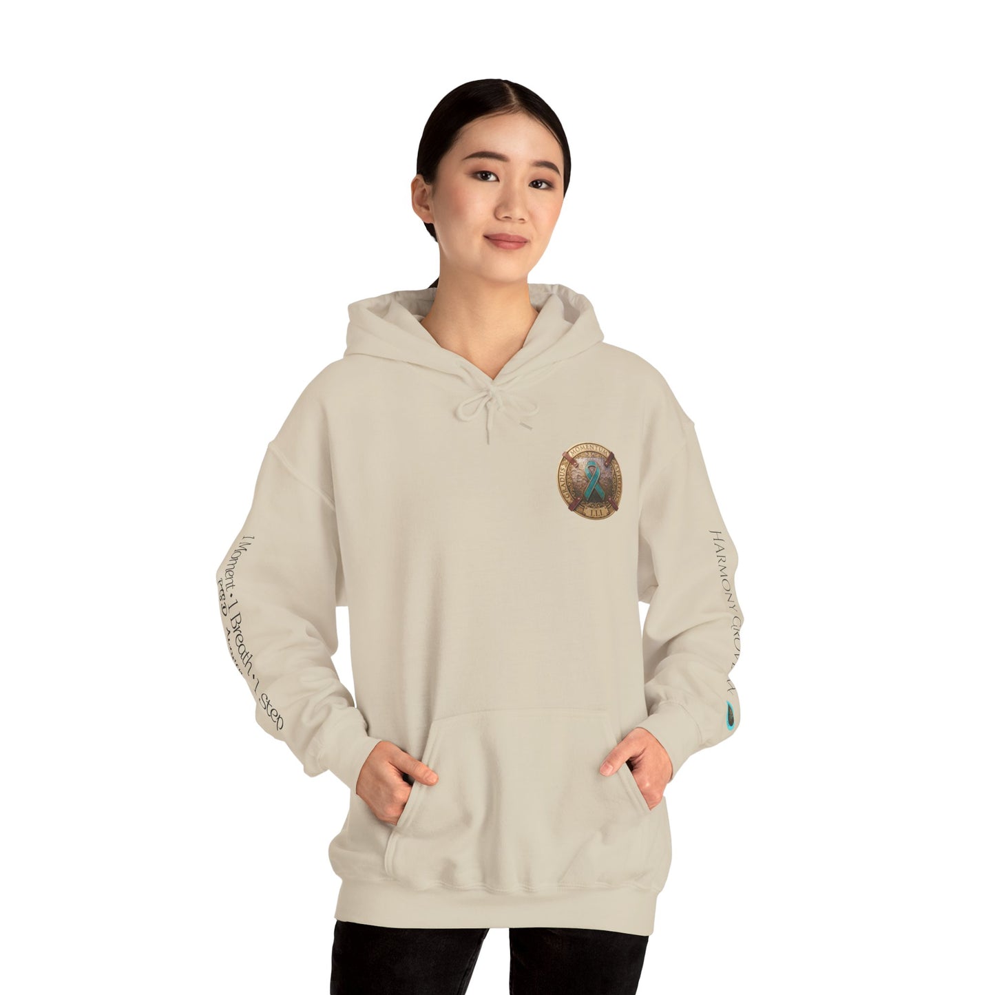 Pullover  Hoodie: "1 Momentum (Moment), 1 Spiritus (Breath), 1 Gradus (Step)" PTSD Awareness Teal Support Ribbon