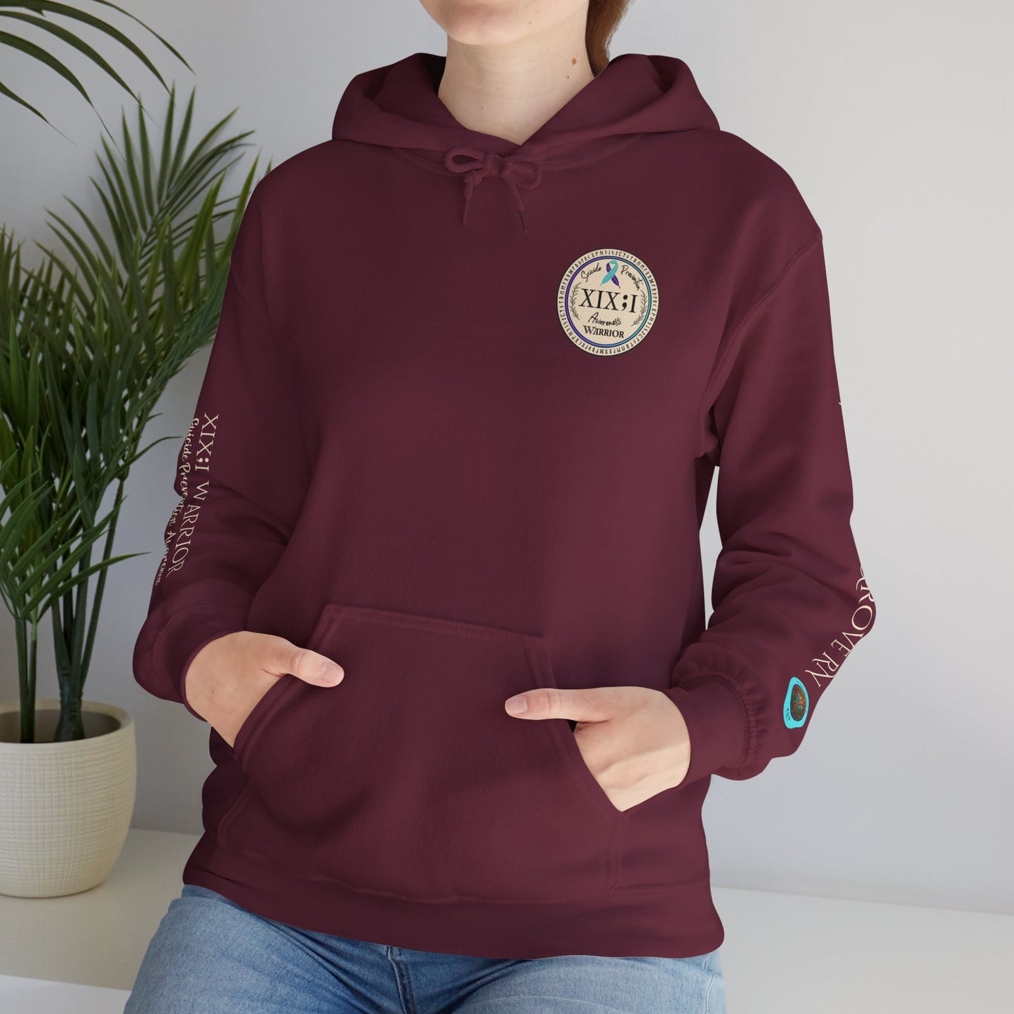 Pullover Hoodie: Suicide Awareness Warrior (XIX;I) Teal & Purple Support Ribbon