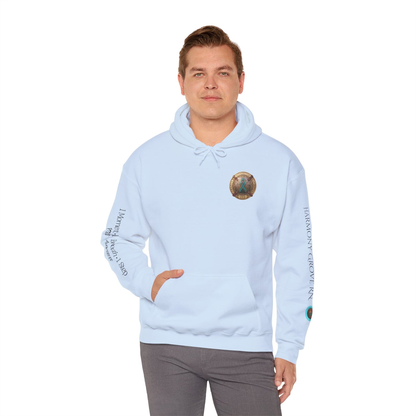 Pullover  Hoodie: "1 Momentum (Moment), 1 Spiritus (Breath), 1 Gradus (Step)" PTSD Awareness Teal Support Ribbon
