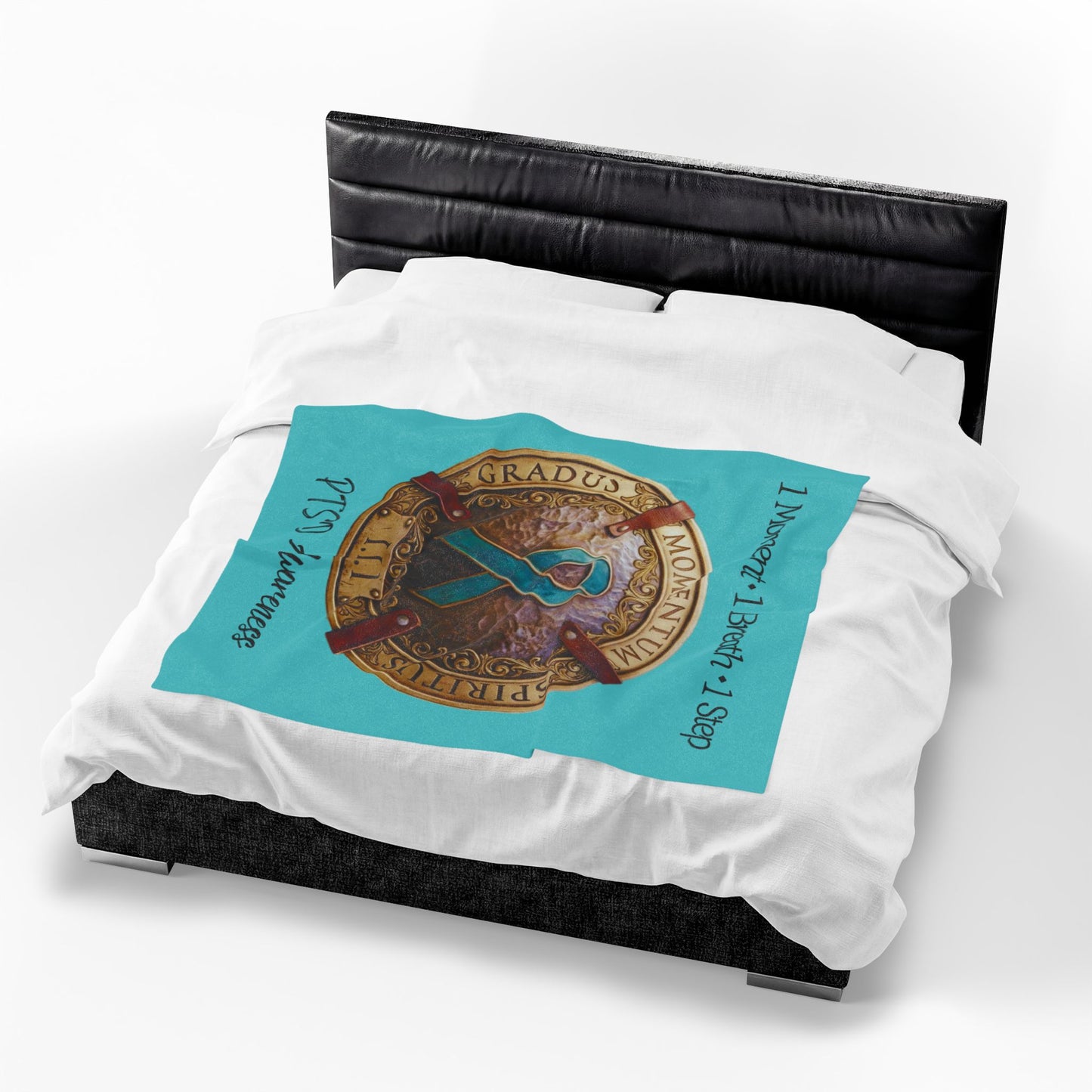 Velveteen Plush Blanket: "1 Moment • 1 Breath • 1 Step" PTSD Awareness Teal Ribbon Comfort Throw