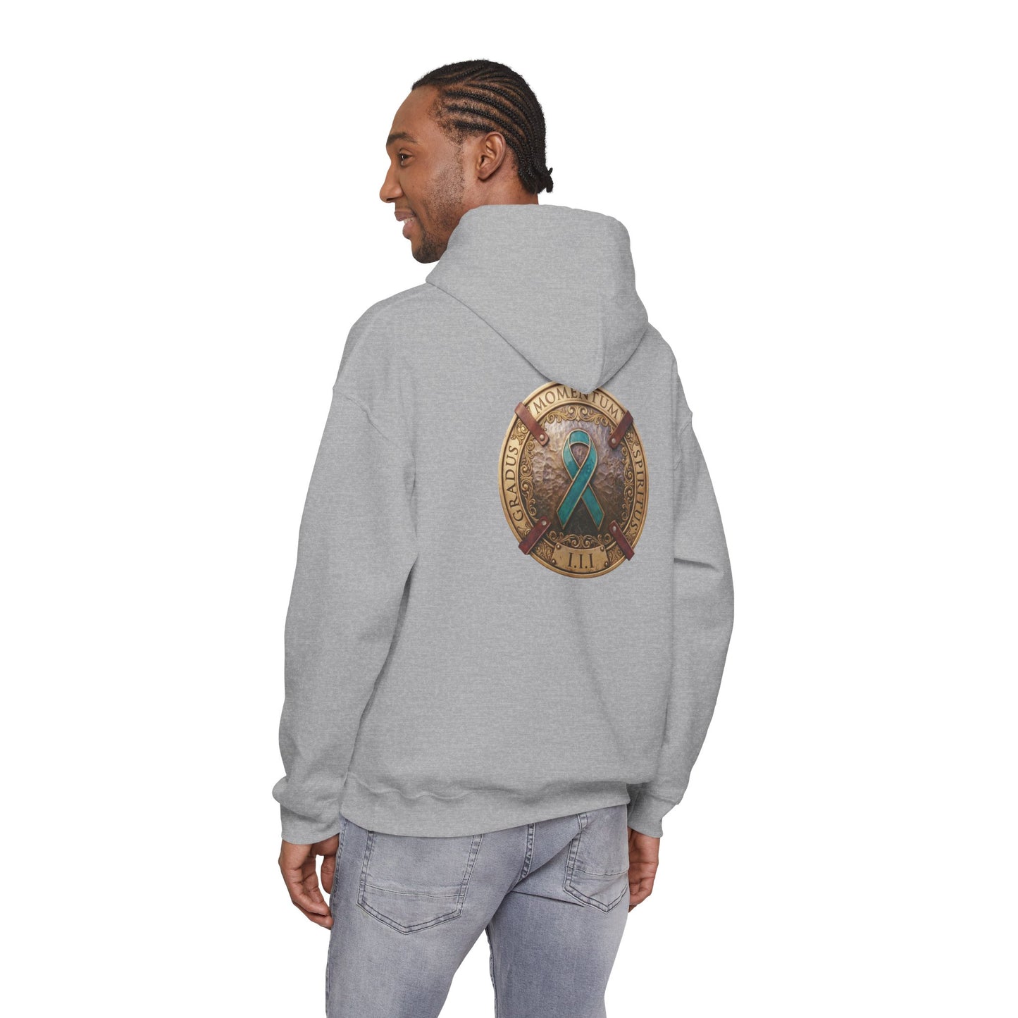 Pullover  Hoodie: "1 Momentum (Moment), 1 Spiritus (Breath), 1 Gradus (Step)" PTSD Awareness Teal Support Ribbon