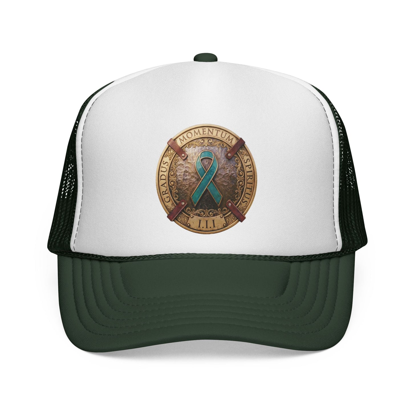 Trucker Hat: "1 Moment • 1 Breath • 1 Step" PTSD Awareness Teal Support Ribbon