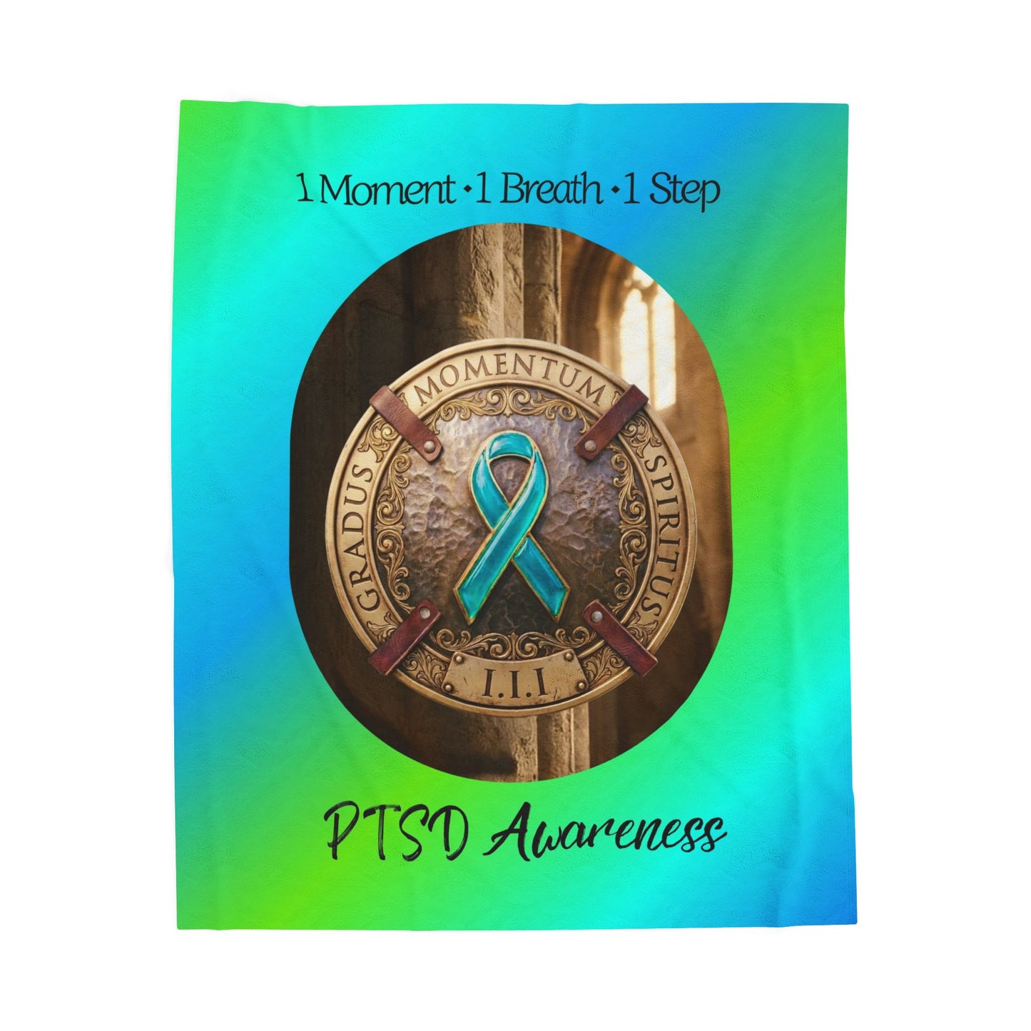 Velveteen Plush Blanket: "1 Moment • 1 Breath • 1 Step" PTSD Awareness Teal Ribbon Comfort Throw