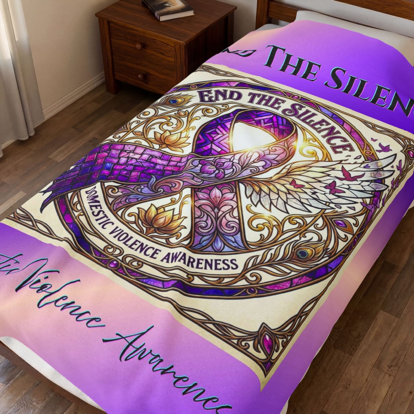 Velveteen Plush Blanket: "End The Silence" Domestic Violence Awareness Purple Support Ribbon