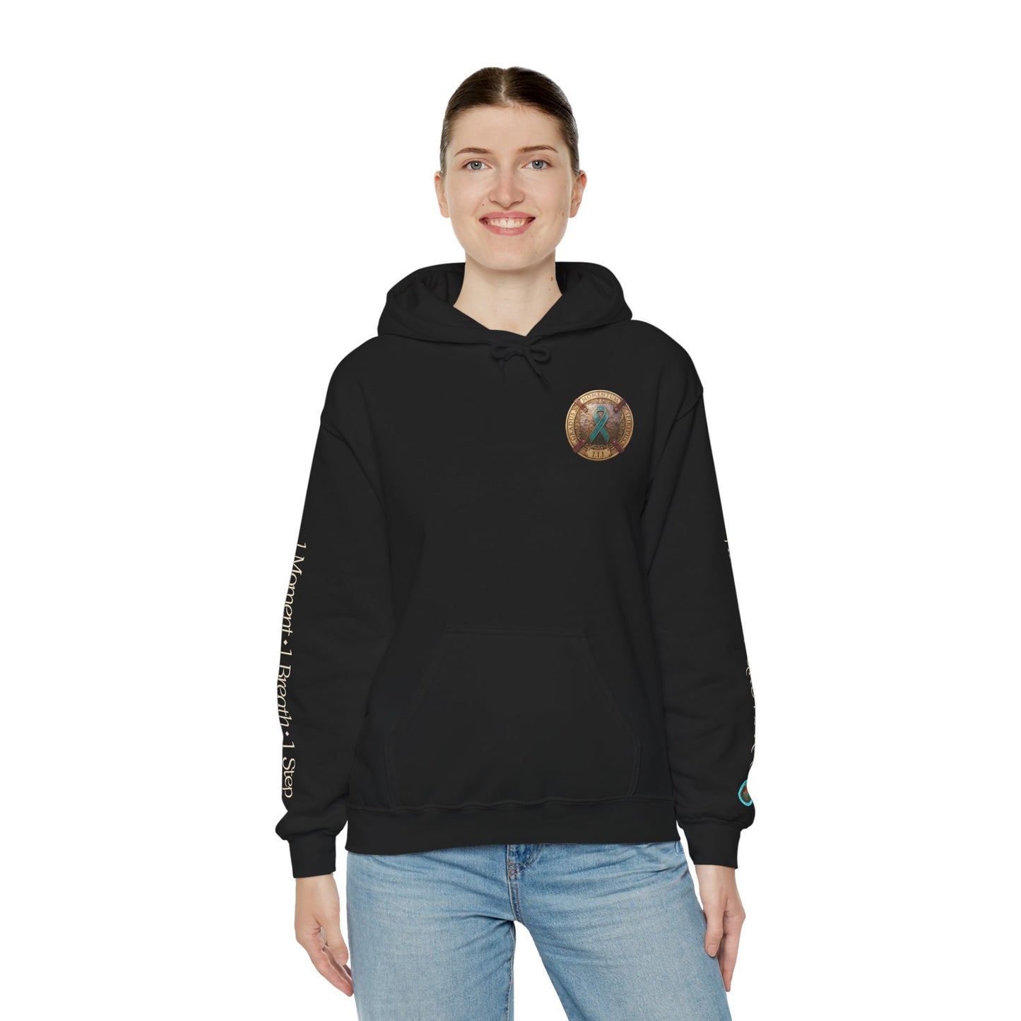 Pullover  Hoodie: "1 Momentum (Moment), 1 Spiritus (Breath), 1 Gradus (Step)" PTSD Awareness Teal Support Ribbon
