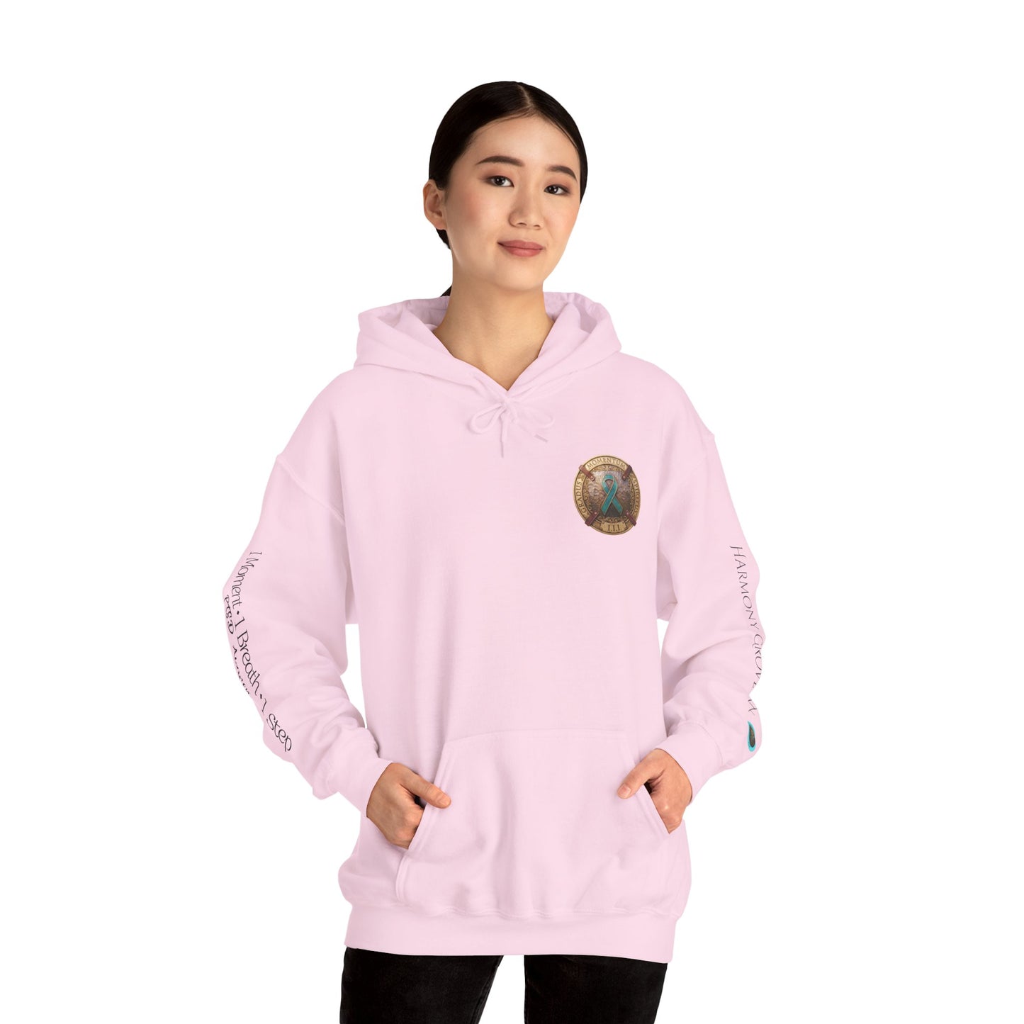 Pullover  Hoodie: "1 Momentum (Moment), 1 Spiritus (Breath), 1 Gradus (Step)" PTSD Awareness Teal Support Ribbon