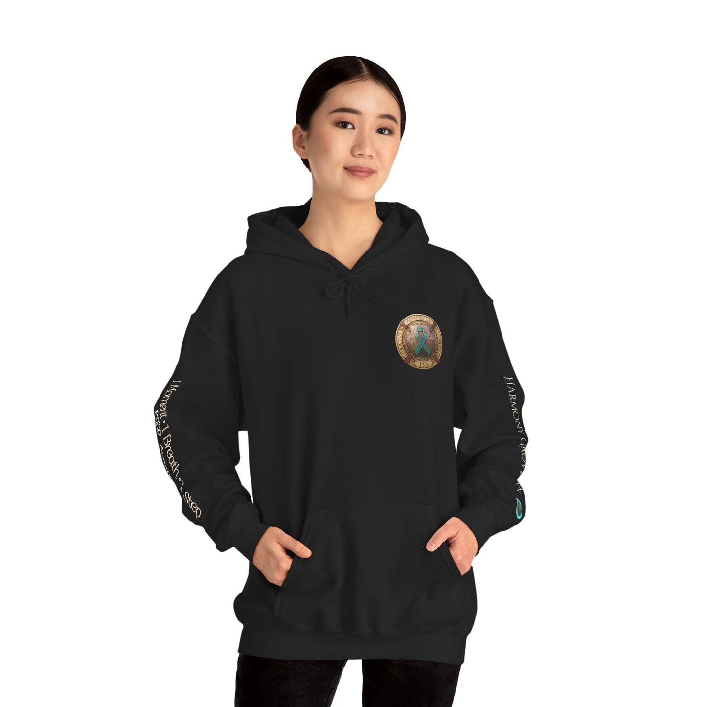 Pullover  Hoodie: "1 Momentum (Moment), 1 Spiritus (Breath), 1 Gradus (Step)" PTSD Awareness Teal Support Ribbon