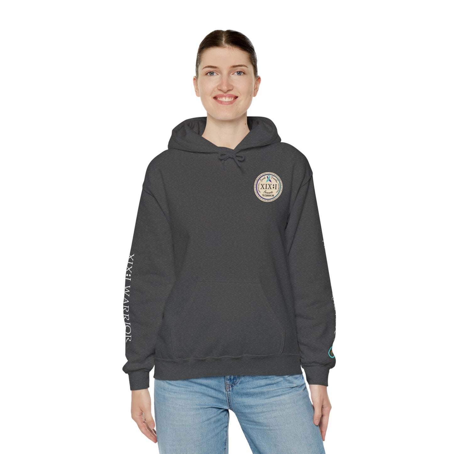 Pullover Hoodie: Suicide Awareness Warrior (XIX;I) Teal & Purple Support Ribbon