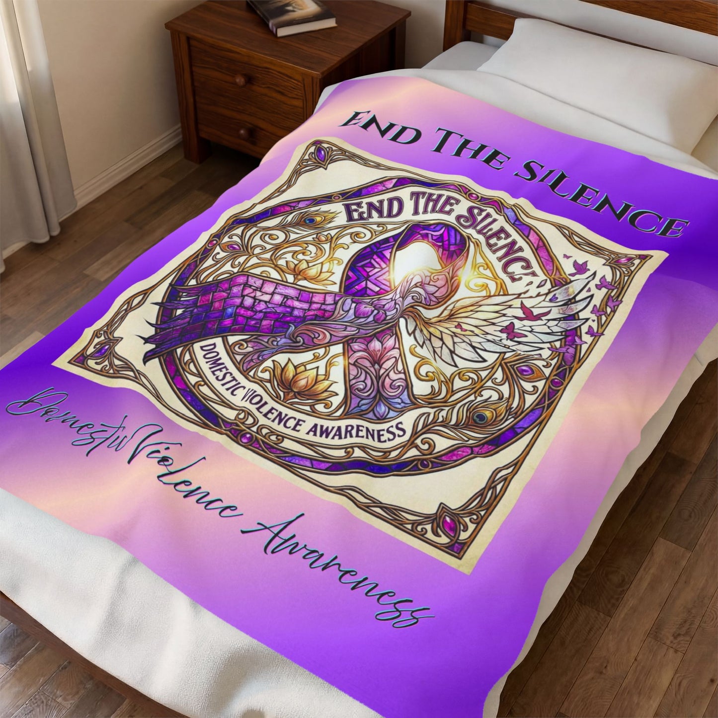 Velveteen Plush Blanket: "End The Silence" Domestic Violence Awareness Purple Support Ribbon
